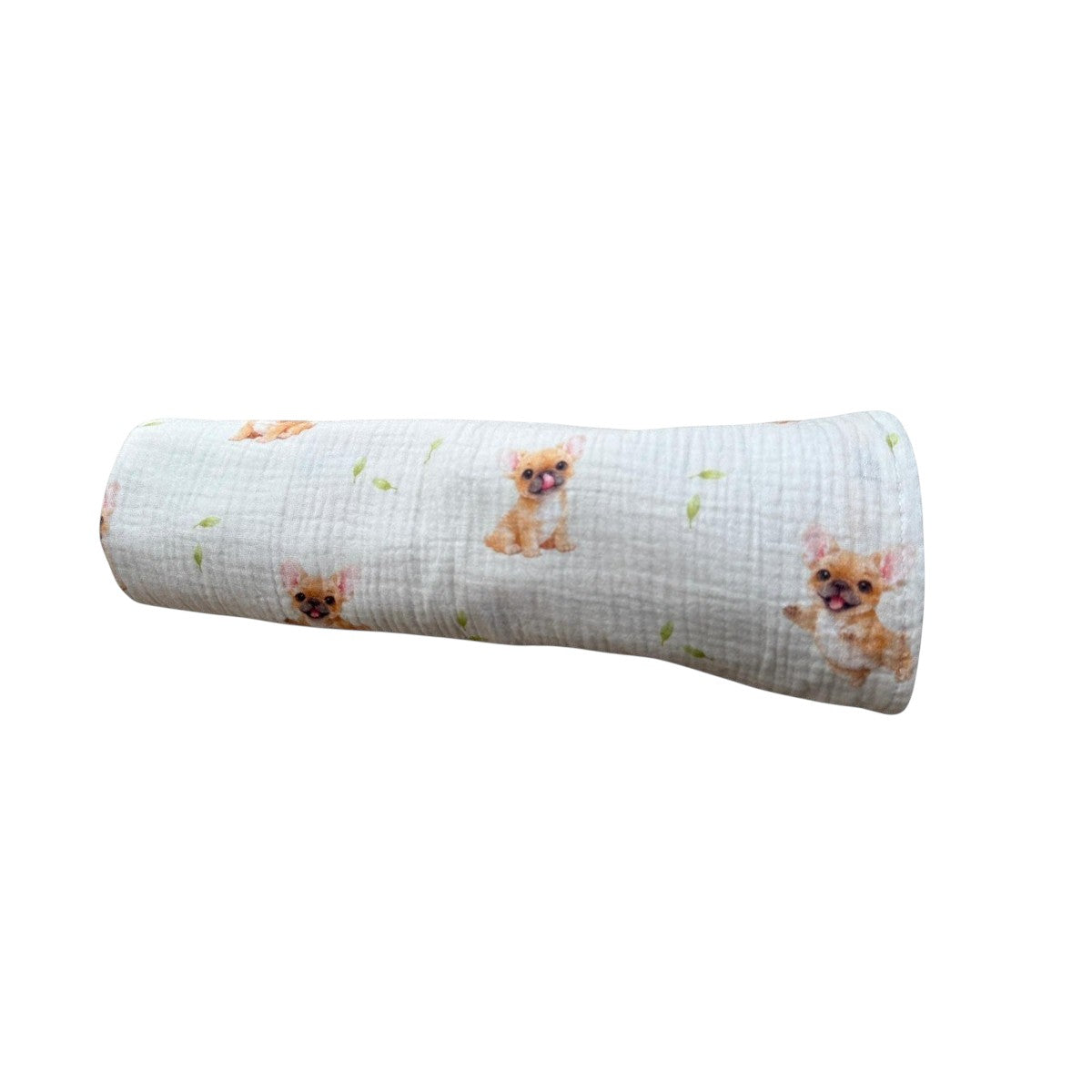 Baby NaturHere maxi muslin swaddle blanket with French bulldog print and green leaves on a light blue background. Made of 100% cotton.