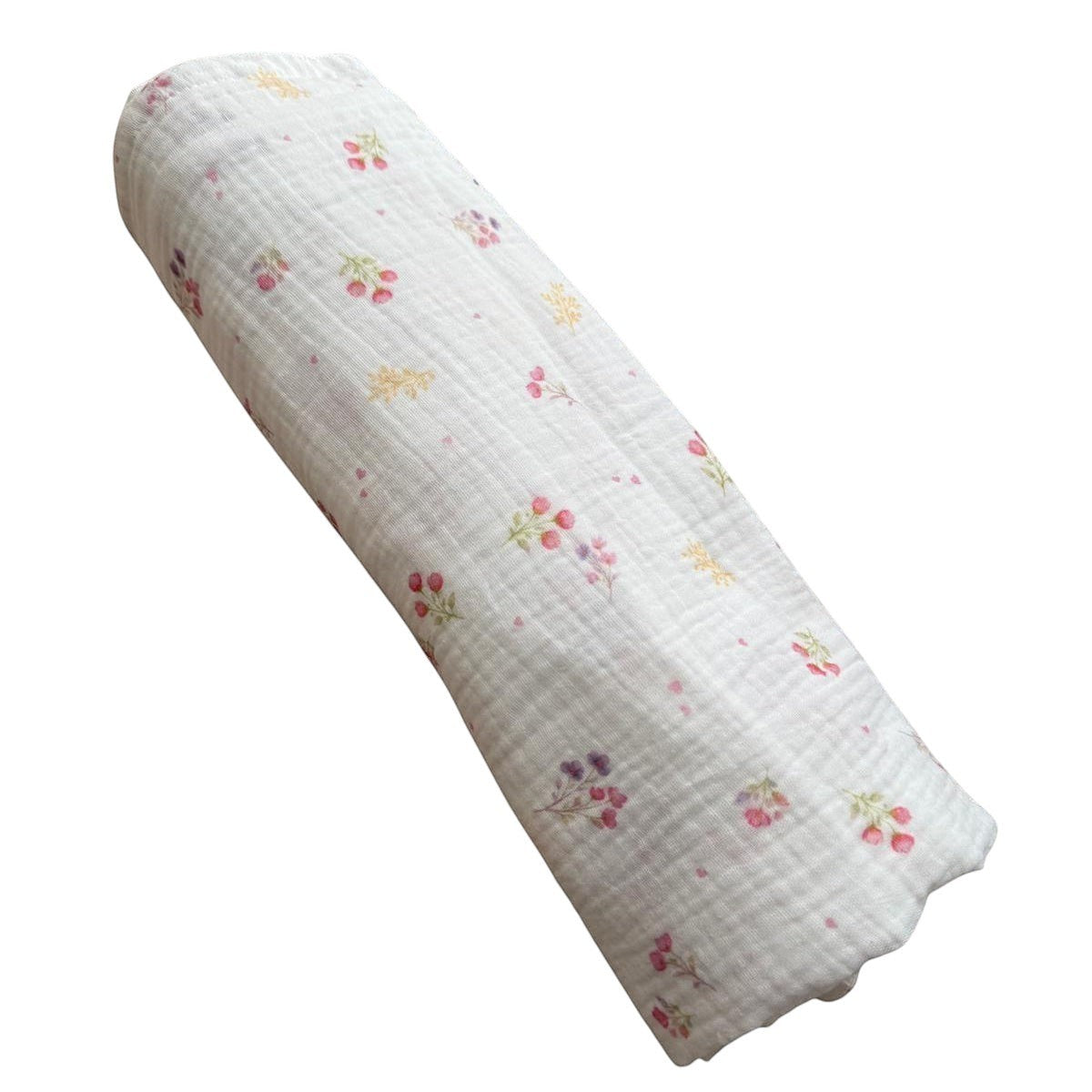 Baby NaturHere maxi muslin tetra pelena with a delicate floral print in pink and yellow on a white background. Made of 100% cotton.