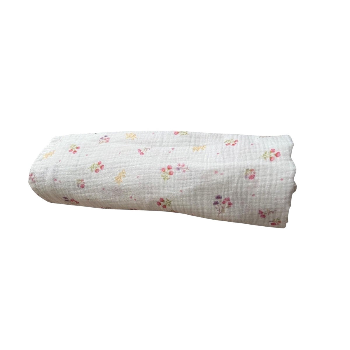 Baby NaturHere maxi muslin tetra pelena with a delicate floral print in pink and yellow on a white background. Made of 100% cotton.