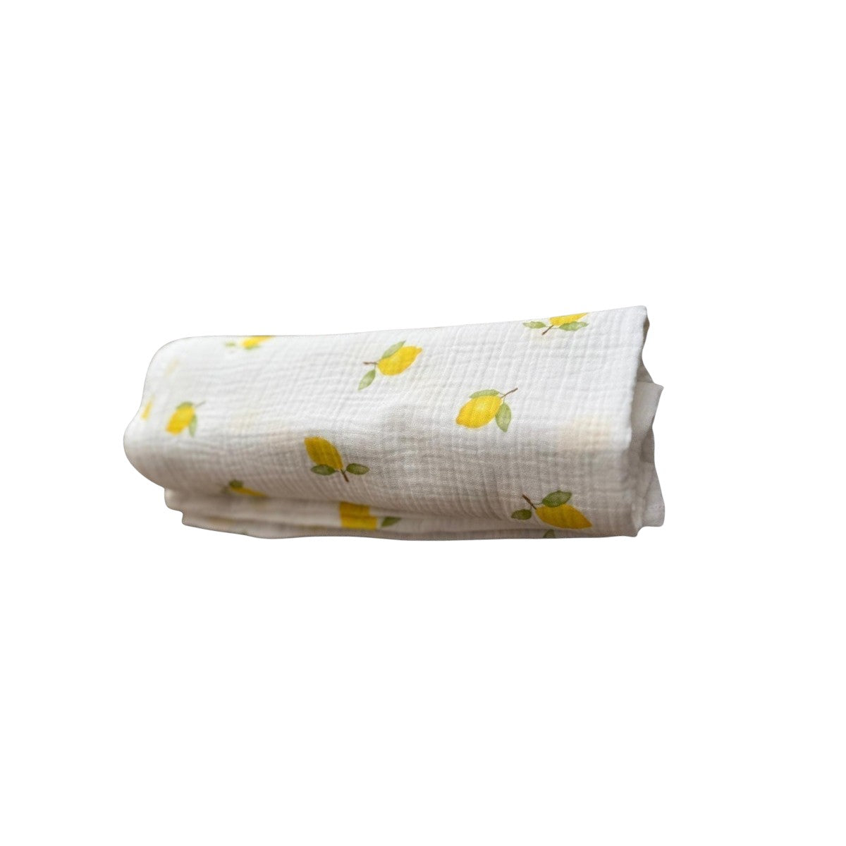 Baby NaturHere maxi muslin swaddle blanket with a white background and a yellow lemon print. Made of 100% cotton.