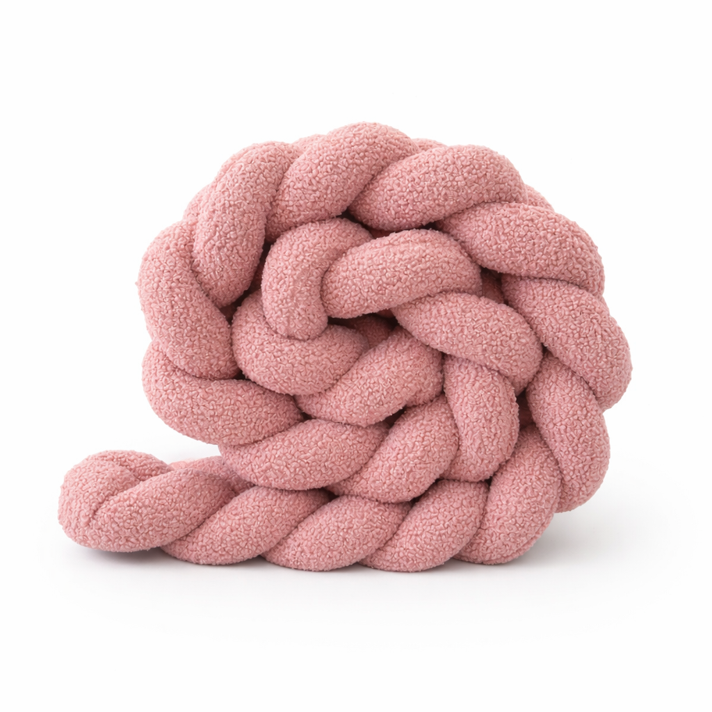 Pink knitted rope toy on a white background