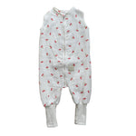 Baby Natur white muslin sleep sack with all-over red cherry print and ribbed cuffs. Sleeveless design with front zipper.