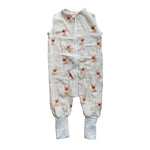 Baby Natur sleeveless muslin sleeping bag with a cute French bulldog print and green leaf accents. Features a zip closure and ribbed cuffs.